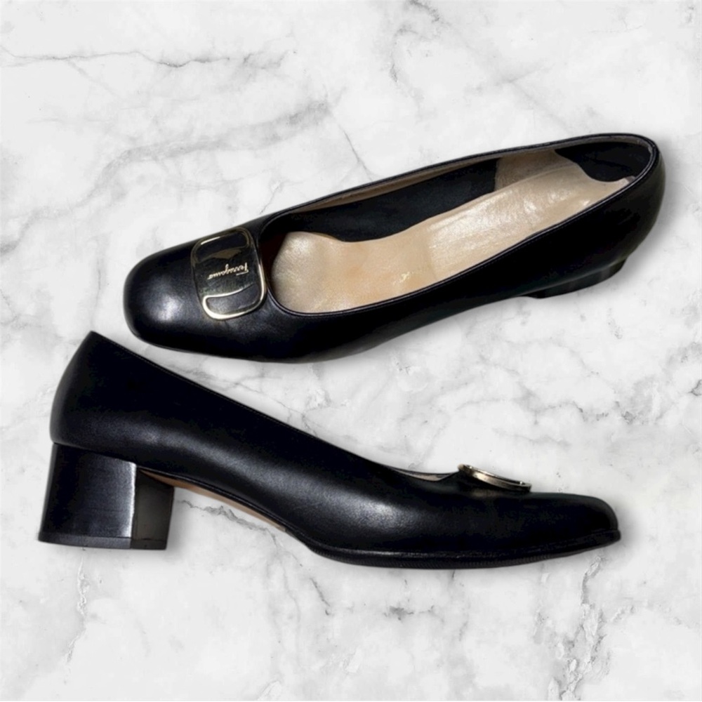 Ferragamo Vara Mid Heel Pumps Black Leather Women Shoe Size US 10.5 AA